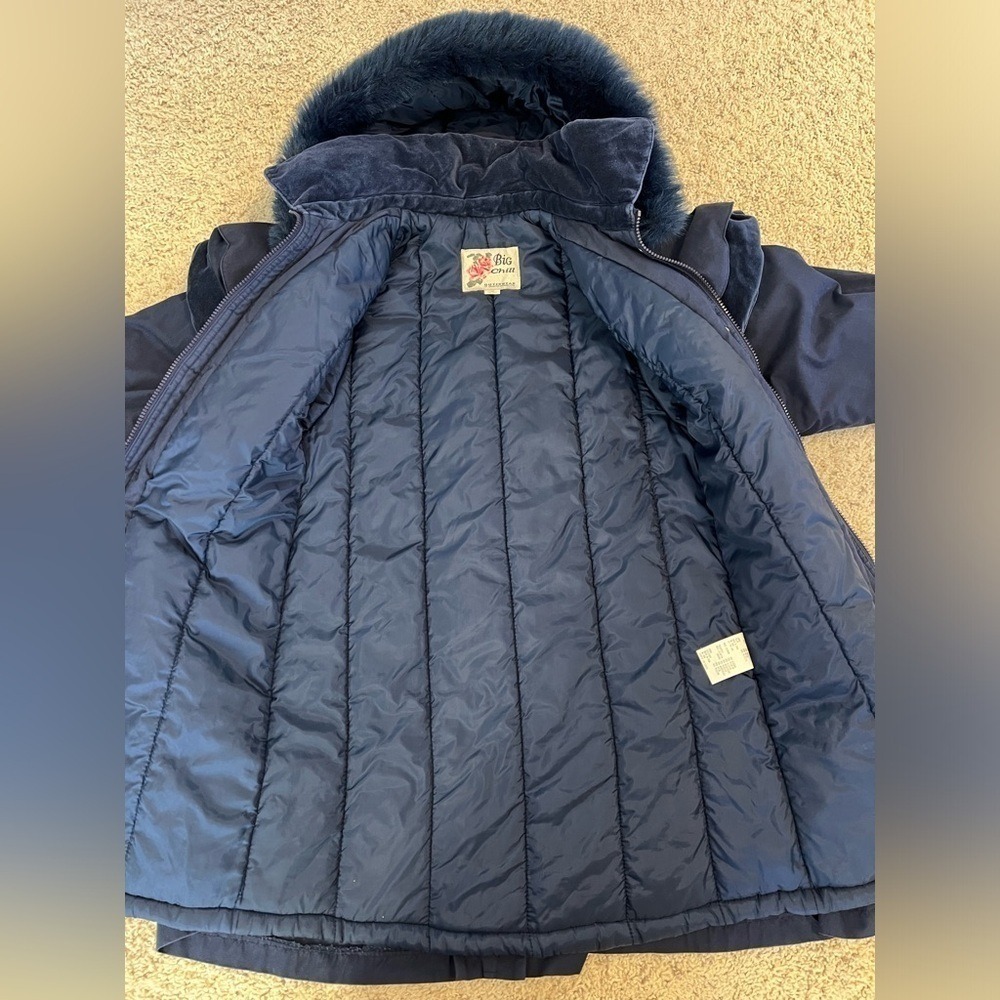 VINTAGE Big Chill Hooded Capelet Parka 10 Navy Blue Velvet Trim Heart Faux Fur - Picture 4 of 8